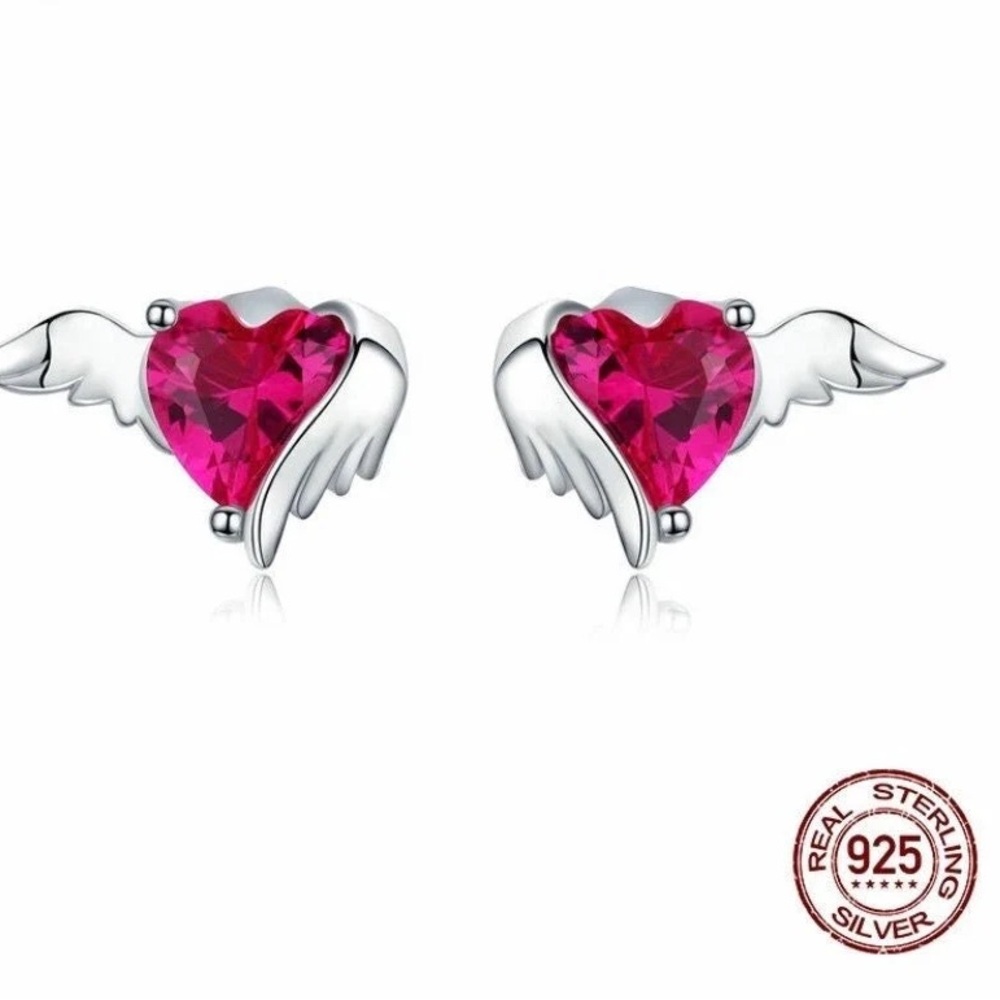 Valentines Gift Red Heart Guardian Wing Silver Stud 925 Sterling Silver